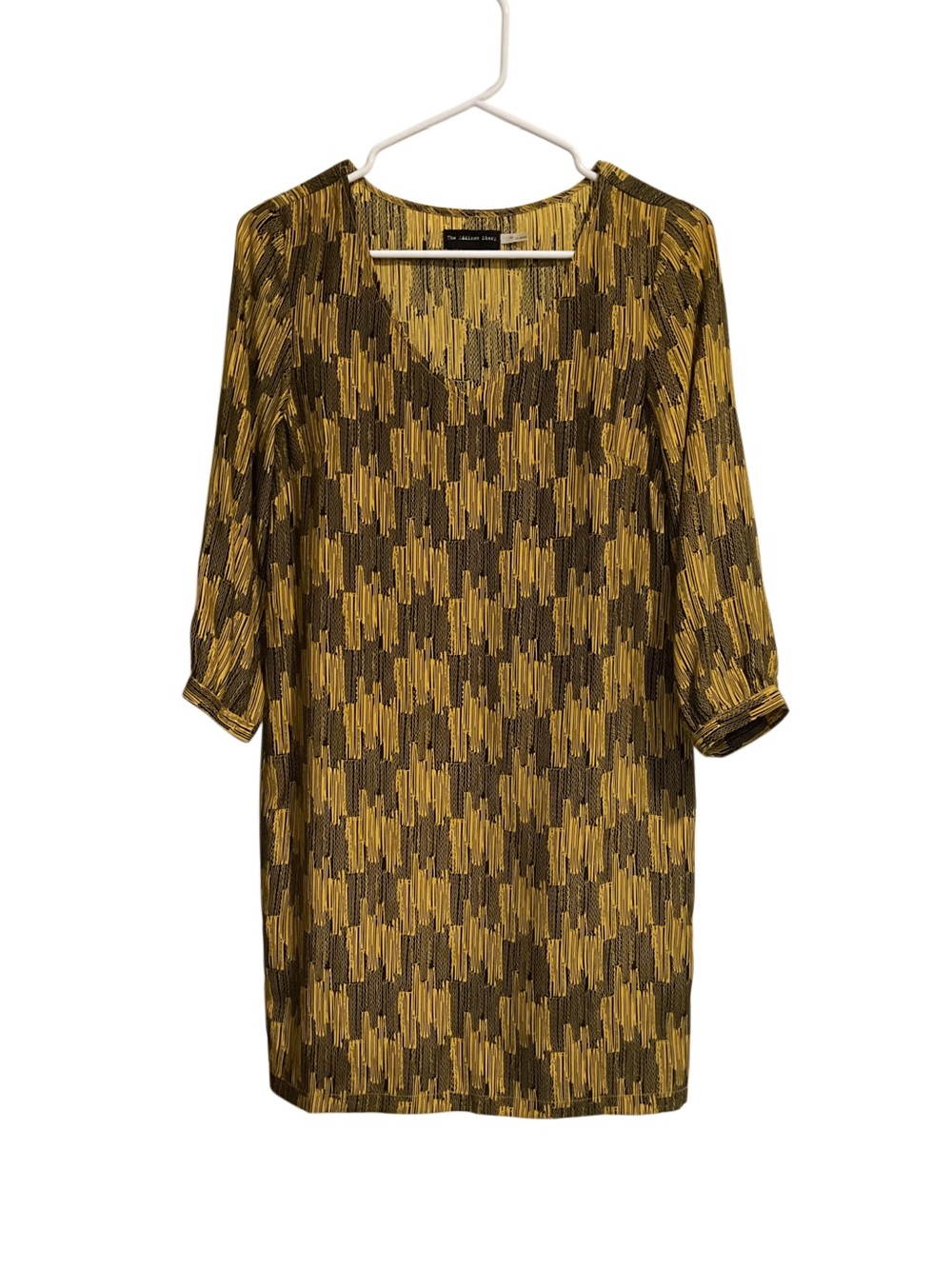 The Addison Story Anthropologie Silk Shift Dress Geo Print Gold‎ Black